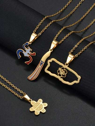 1pc Puerto Rico Map Flowers Masks Traditional Symbol PR Frog Necklaces For Women Girls Stainless Steel Jewelry