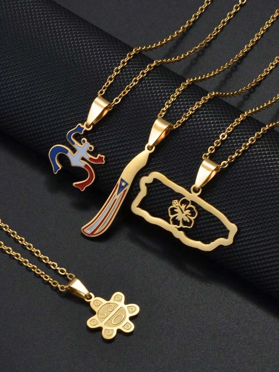 1pc Puerto Rico Map Flowers Masks Traditional Symbol PR Frog Necklaces For Women Girls Stainless Steel Jewelry - 金色 - 查看 1