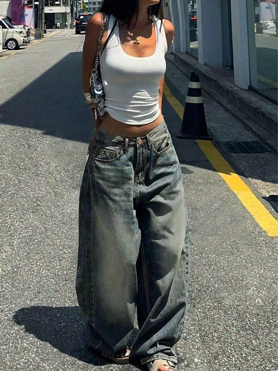 Jeans casuales de pierna recta y ajuste holgado para adolescentes - Champán - Ver 1