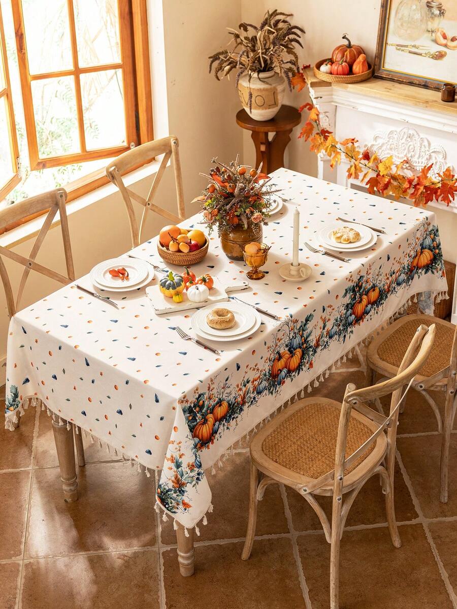 1pc Happy Thanksgiving Day Rectangular Tablecloth, Blue & Yellow Pumpkin Print, 3D Bamboo Texture, Beige Tassel Fringe, Washable, Coffee Table/Round Table Cover, Dining Table Decor, Home Decor, Suitable For Dining Room, Meals, Gatherings, Parties And Holiday Events, Autumn Decor, Thanksgiving Decor, Harvest Festival Gift - Blue and Yellow Pumpkins On Both Sides - View 1