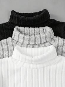 Young Boy Patchwork Ribbed Brushed Turtleneck Sweater Set - Multicolor - View 3