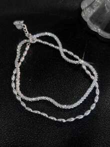 1 Vòng tay hai lớp nhẹ họa tiết hạt gạo gợn sóng bạc Sterling 925 tinh tế dành cho nữ, trang sức cao cấp, quà tặng dự tiệc, quà tặng sinh nhật, đeo hàng ngày - Vòng tay hai lớp lấp lánh hạt gạo - Xem 4
