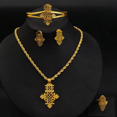 Classic Gold Bridal Jewelry Set, Dubai Saudi Arabia Style,  Double Pendant Hairpins, Necklace, Earrings And Bracelet For Wedding Gift