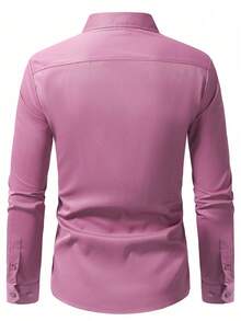 Men's Solid Color Formal Shirt With Button Design, Long Sleeve, Fall - Baby Pink - View 3