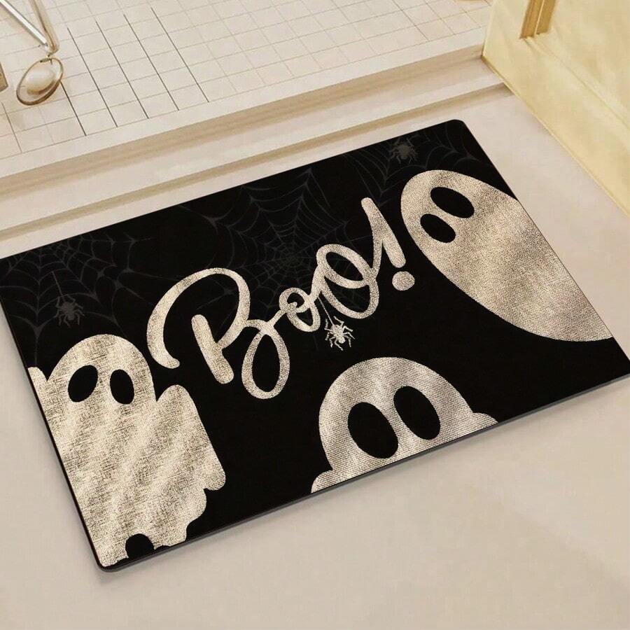 1 buc Covoraș de ușă cu fantome de Halloween cu suport antiderapant din cauciuc - Spălare manuală, covor dreptunghiular din poliester și cauciuc, pentru interior și exterior, 17 x 29 inci