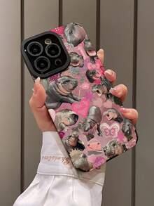 1 件时尚粉色河马宝宝图案竖条纹高端仿皮防摔防指纹防震手机壳适用于苹果和型号 - 彩色 - 查看 4