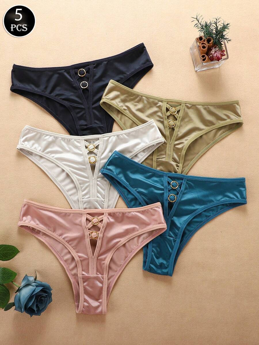 5 Pieces Of Sexy Seamless Thongs T Pants Hollow Low Waist High Elastic Comfortable Cross Strap Girly Fun Seamless Thongs For Women - 彩色 - 查看 1