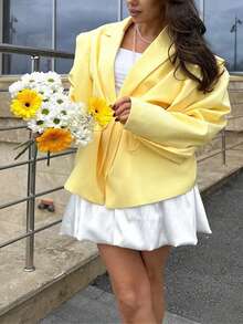 1 szt. Jednokolorowa, tkana tkanina, damska marynarka biurowa z paskiem i kieszeniami, odpowiednia na wiosnę i jesień