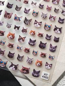 Beautizon Nailartlab 1 件可爱猫咪指甲贴纸，卡通可爱猫头表情动物贴纸自粘美甲用品，趣味美甲设计贴纸，适合女士和女孩 DIY 美甲装饰 - 彩色 - 查看 4