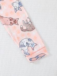 2 件套女孩和青少年休闲卡通猫印花翻领长袖开衫和裤子睡衣套装，阻燃，适合所有季节 - 彩色 - 查看 6