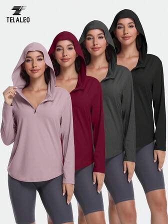 TELALEO 4 件装女式长袖上衣四分之一拉链连帽衫秋季时尚服装健身运动衫冬季拉链连帽衫休闲套头衫