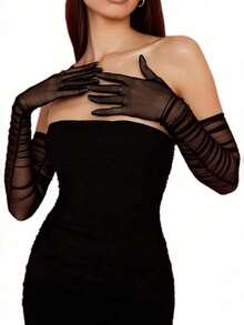 Lady's Black Makeup Ballroom Gloves, Highly Elastic Mesh Opera Gloves, Elegant, High-End, UV-Resistant And Fashionable. Suitable For Wearing At Opera Balls, Bridal Weddings, Halloween Role-Playing Events And Festival Parties. - Multicolor - View 11