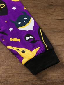 2 pezzi Set di maglietta a maniche lunghe con scollo tondo e stampa di zucca e pantaloni asimmetrici con stampa all-over, outfit casual per bambini per Ognissanti