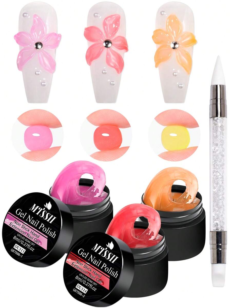 Mtssii 4PCS/Set 8ml Glass Jelly Non Stick Hand Extension Gel Nail Polish For 3D Carved Flower Nail Art Acrylic Gel Varnish Solid Builder Gel,Nail Art Building UV Gel Milky Jelly Hard Gel For Nail Painting Carving Tools - 彩色 - 查看 1