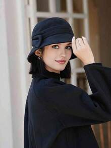 قبعة دلو مع فيونكة للنساء في فصل الخريف، قبعة دلو ذات حافة طويلة للشتاء، قبعة كلوش أنيقة ذات لون أحادي دافئة، مناسبة للارتداء اليومي في فصلي الخريف والشتاء