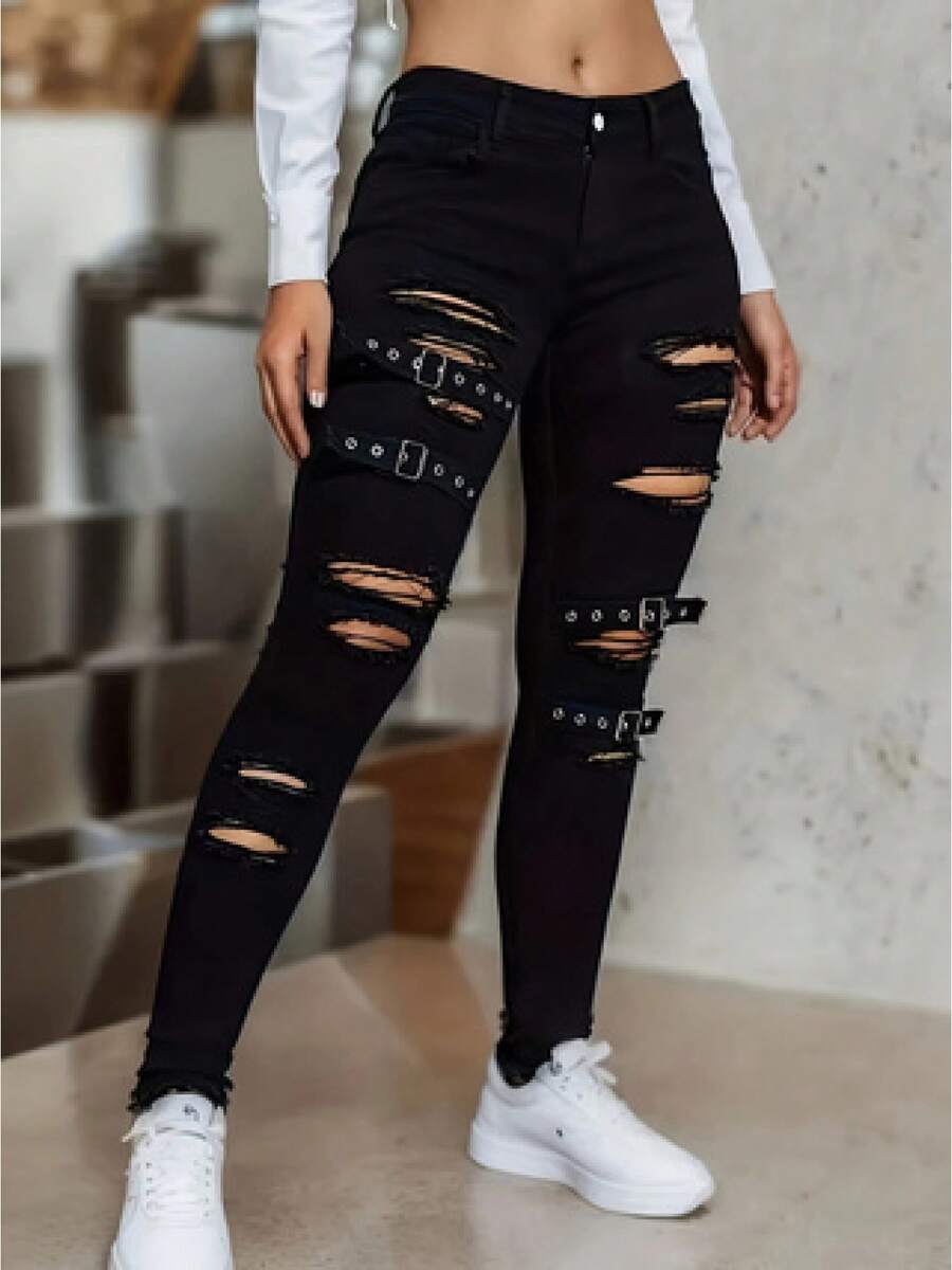 Women's Stretch Tight Jeans - Black Street Style With Snap Closures, Mid-Rise Belt-Free Design, Suitable For Daily And Special Occasions, Machine Washable Low-Rise Jeans,  Urban Fashion Style, Finely Sewn, For Casual Wear Pants>Jean - màu đen - Xem 1