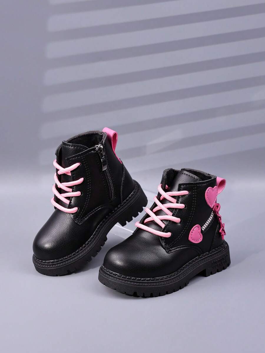 女婴时尚蝴蝶结靴，儿童中帮休闲平底短靴，带侧拉链，幼儿/小孩 - 黑色 - 查看 1