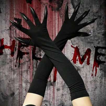 1 Pair Halloween Costume Claw Gloves With Long Nails, Black Party Halloween Long Nail Demon Hand Gloves Prop, Wolf Claw Gloves For Cosplay Dress Up Accessories