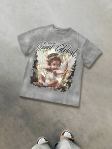T - Shirt Combining Faith And Fashion: Cherub Print T - Shirt Printed T - Shirt, 230g Washed Care Label T - Shirt, Unisex Acid - Washed Cotton Printed T - Shirt, Vintage Washed T - Shirt, Crew - Neck T - Shirt, Machine - Washable, Casual Summer Outfit, Men's Loose - Fit T - Shirt - Xám - Xem 2