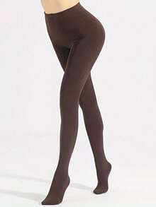 女士深咖啡棕色柔软高腰弹力修身天鹅绒长筒袜，舒适 - 彩色 - 查看 4