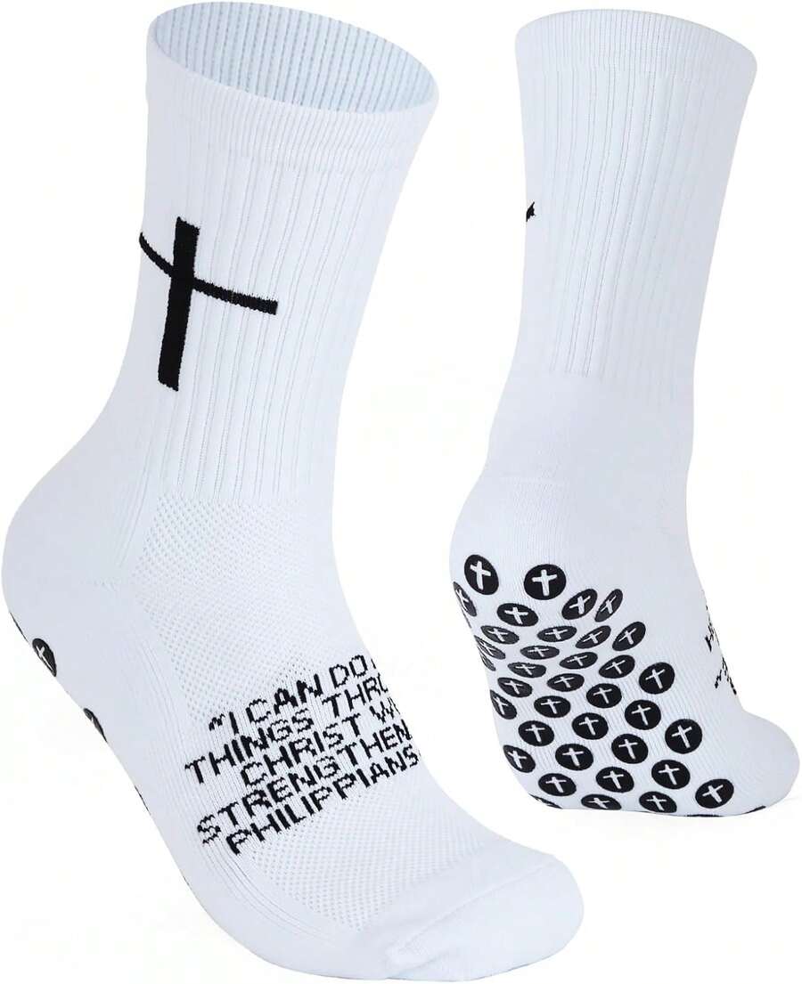 Calcetines de fútbol con agarre cruzado, calcetines deportivos antideslizantes con cruz para hombres y mujeres religiosos, suela gruesa transpirable disponible para EE.UU.6-13, Negro -, One Size - 1 - Ver 1