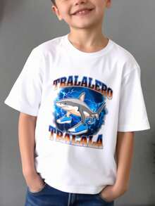 Camiseta para niños de 3 a 12 años de 100% algodón Manga Corta y Cuello Redondo Muy Suave y Cómoda con diseños divertidos Estampado de Brainrot  con la leyenda "Tralalero Tralala" Playeras cómodas Glorbo Fruttodillo - Blanco - View 1