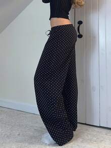 Women's Spring Summer Baggy Pants Low Waist Dot Print Loose Straight Leg Trousers - 黑色 - 查看 2