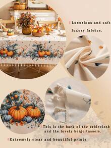 1pc Happy Thanksgiving Day Rectangular Tablecloth, Blue & Yellow Pumpkin Print, 3D Bamboo Texture, Beige Tassel Fringe, Washable, Coffee Table/Round Table Cover, Dining Table Decor, Home Decor, Suitable For Dining Room, Meals, Gatherings, Parties And Holiday Events, Autumn Decor, Thanksgiving Decor, Harvest Festival Gift - Blue and Yellow Pumpkins On Both Sides - View 2