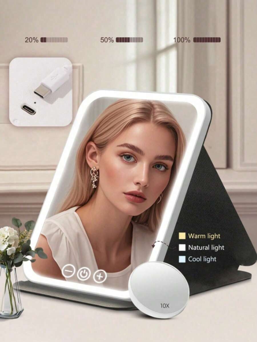 Gương trang điểm có đèn LED độ phân giải cao 10 inch, độ phóng đại 10X, 60 đèn LED tích hợp, gương trang điểm chuyên nghiệp di động có thể gập lại với chân đế xoay 360°, điều khiển cảm ứng, 3 chế độ màu có thể điều chỉnh độ sáng, pin sạc, vỏ bảo vệ bằng da PU, thích hợp cho gia đình và du lịch, chức năng phóng đại giúp trang điểm chính xác, lý tưởng cho các chuyên gia trang điểm, bàn trang điểm phòng ngủ và là món quà hoàn hảo cho phụ nữ, quà tặng, du lịch, đồ dùng giá rẻ, vật dụng cần thiết khi đi du lịch. - Nhiều màu - Xem 1
