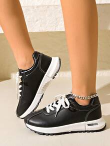 scarpe sportive casual con suola spessa, punta tonda e lacci, comoda e adatta a studenti - nero - Visualizzare 4