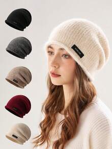 1pc Solid Color Fleece Fold-Over Beanie Hat For Women, Knitted Cuffed Warm Fashionable Brimless Hat, Autumn/Winter