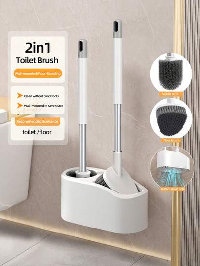 1 件套马桶刷套装，马桶刷和三角地板刷组合，2 合 1 套装，密集刷头，不损坏釉面，地板刷清洁墙角和缝隙，带排水底座，浴室清洁工具浴室装饰秋季装饰