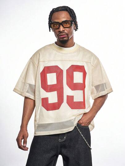  MT99 Breathable Mesh Short Sleeve Casual Tee, American Hip Hop Style, Summer Sports Layering Top, Apricot Color