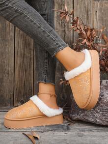 Botas cortas de mujer de unicolor con forro de peluche y falso pelo, botas de nieve para el hogar en invierno