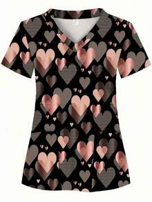 心形印花V领短袖带口袋春季款工作服上衣 - 彩色 - 查看 3