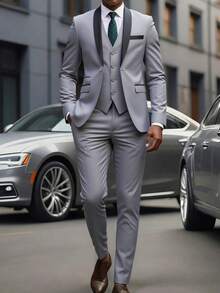 Men's Suit, Three-Piece With Notch Lapel - Slim-Fit Suit Jacket, Vest And Trousers Set, Formal Wedding Attire, Suitable For Weddings, Business Casual Occasions And Parties. - 灰色 - 查看 1