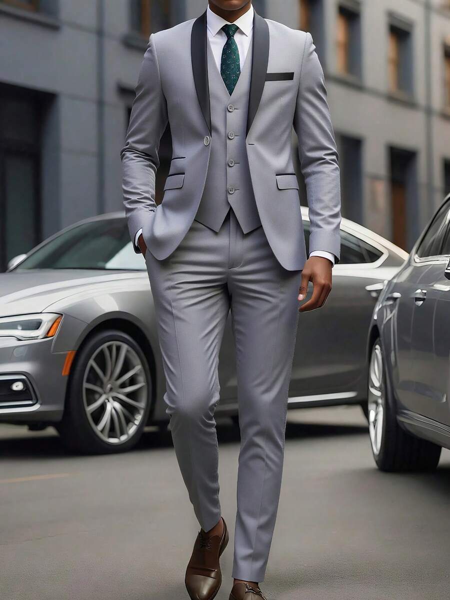 Men's Suit, Three-Piece With Notch Lapel - Slim-Fit Suit Jacket, Vest And Trousers Set, Formal Wedding Attire, Suitable For Weddings, Business Casual Occasions And Parties. - 灰色 - 查看 1