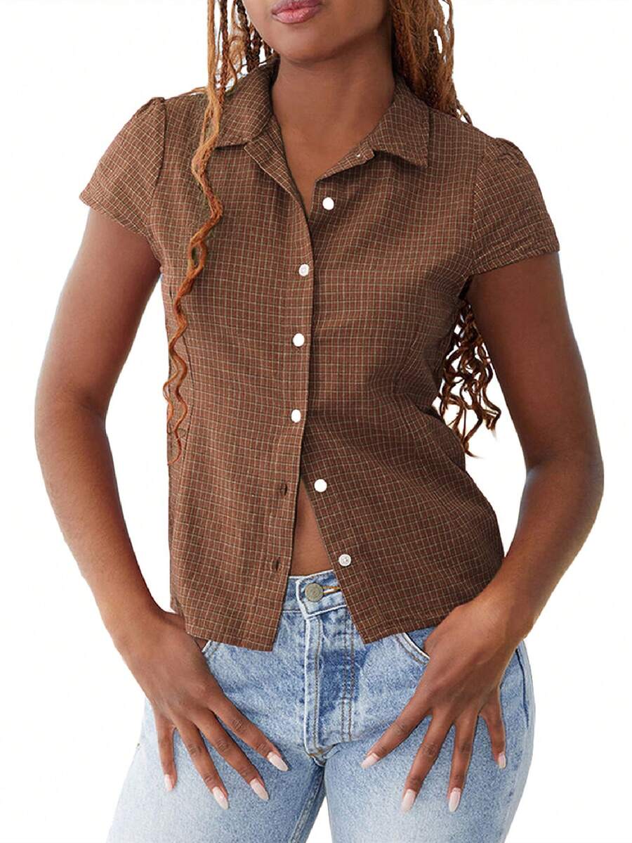 Women Y2k Short Sleeve Button Up Shirt 90s Coquette V Neck Slim Fitted Blouse Casual Preppy Vintage T Shirt Crop Top - 棕色 - 查看 1