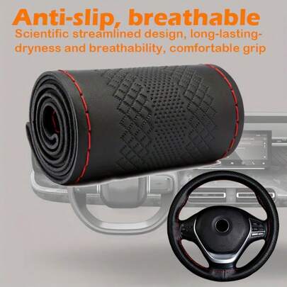 38cm/15 Inch Hand Sewing Steering Wheel Cover, DIY Breathable Anti-Slip PU Leather Steering Wheel Cover, Car Wheel Cover Protector With Needle And Thread, Decorative Modification Accessory For Most Car Models