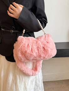 Geantă de mână plisată din pluș, la modă, cu decor de lanț de perle, culoare solidă, geantă de umăr portabilă pentru femei, potrivită pentru toamnă/iarnă, ideală pentru cadouri de sărbători