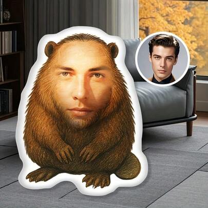 A Face Customized Simulation Brown Bear Shaped Pillow, Short Plush Double-Sided Printing, Double-Layer Polyester Filling, Suitable For Office, Study, Sofa, Bedroom Decoration, Giving Friends Prank And Funny Pillows, Can Be Used For Halloween And Other Holiday Decorations.