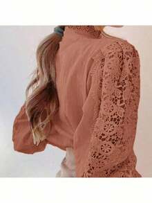 Blusa de primavera con cuello Mao de encaje floral y abotonadura hueca para mujer - Naranja Quemada - Ver 2