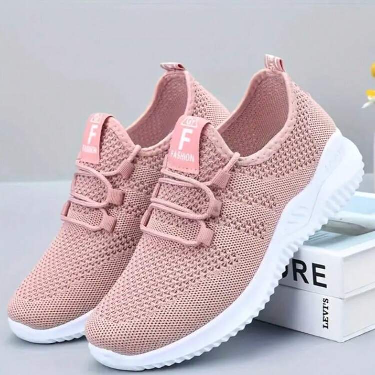 Women's Lightweight Breathable Mesh Sports Shoes - Features A Non-Slip Sole, Gray Low-Top Lace-Up Design For Casual Wear And Lightweight Training. These Comfortable Walking Shoes Offer Wear-Resistant Grip And A Sporty Style, With A Fabric Upper, Making Them Exclusive For Fitness Enthusiasts. - 粉色 - 查看 3
