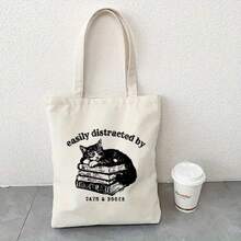 Women's Large Capacity Tote Bag - Open Design Book Lover's Must-Have, With Sleeping Cat Pattern, Machine Washable Beige Daily Work, School, Travel Bag - Sturdy Handle Suitable For Bookworms And Pet Owners, Cat-Themed Accessories, Durable Polyester Canvas - Image Color - View 5