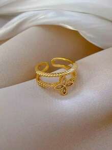 1 pieza Anillo de flor de trébol de cuatro hojas ajustable de doble capa, joyería de moda para mujeres