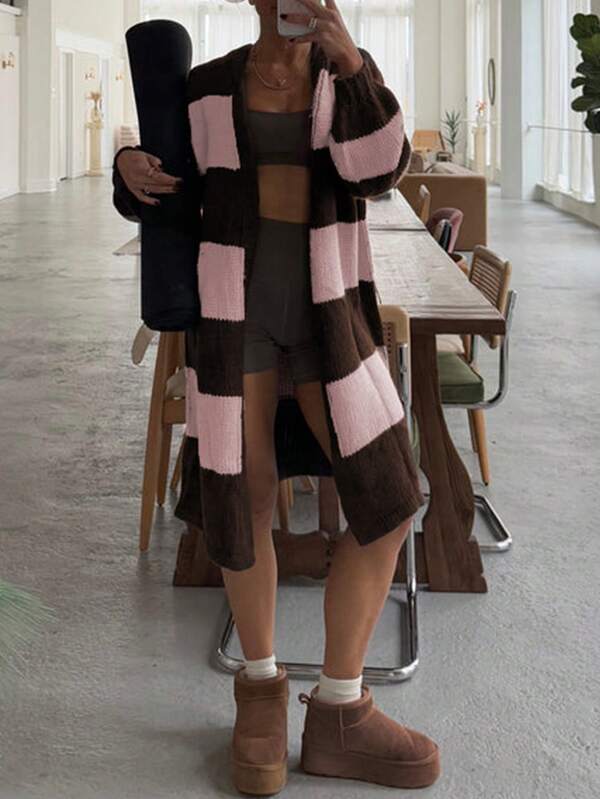 Cárdigan largo y holgado de estilo casual para mujer, con patrón de rayas gruesas, manga larga, cálido para primavera, otoño e invierno
