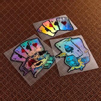 2 件 PVC 反光激光扑克牌摩托车头盔贴纸，防水乙烯基贴花，适用于油箱、保险杠、后备箱和窗户