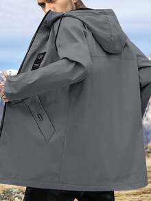 Hidkat Men's Mid-Length Windbreaker Jacket, Hooded With Drawstring, Warm And Windproof, Solid Color, Suitable For Casual Outdoor Daily Wear - 灰色 - 查看 2