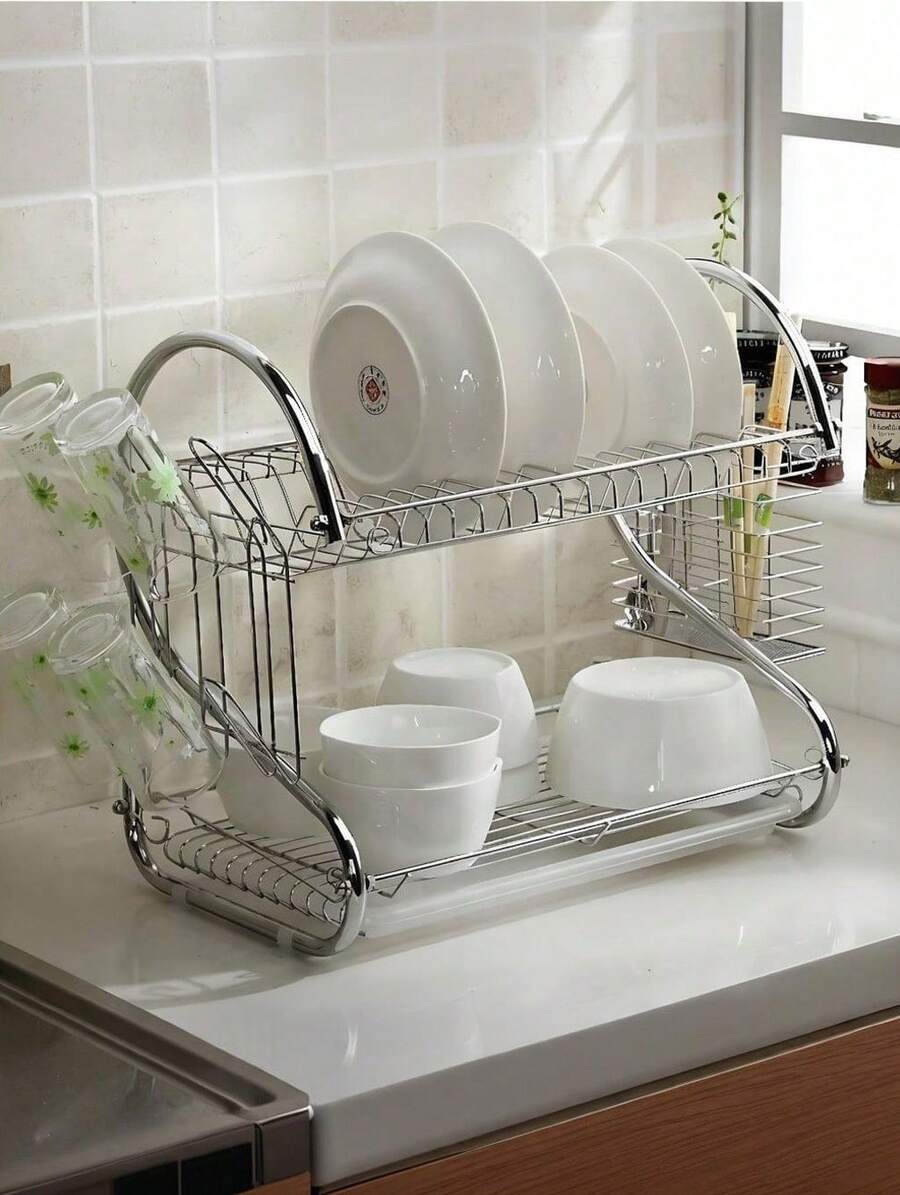 Estante de cocina de metal en forma de S de 2 niveles - Drenaje de doble capa para tazas y platos, organizador de gabinetes que ahorra espacio, solución de almacenamiento de encimera de hierro beige, organización de gabinetes | Estante elegante para platos | Estante metálico resistente - Plateado - Ver 1
