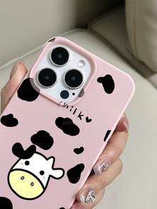 1pc Pink Large Pore Faux Leather Litchi Texture Painted Cow Pattern Anti-Drop Phone Case Compatible With IPhone 11/12/13/14/15/16 Pro Max